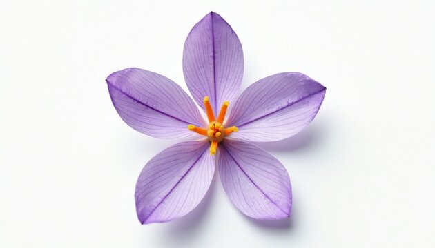 Purple crocus flower with orange stamens, delicate veins on petals. Isolated on pure white background, macro detail. Elegant, simple botanical art for design.