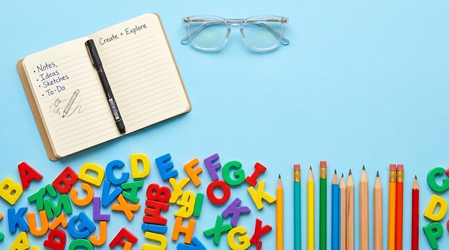 Educational still life with open notebook and colorful plastic letters, notebook