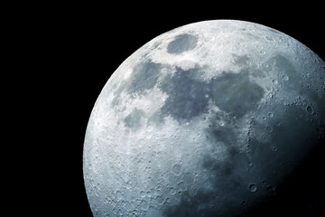 Moon dominates dark sky, detailed craters visible. Surface shows gray and blue tones. Elements of this image furnished by NASA © Artsiom P