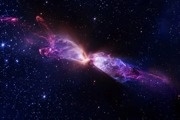 Vibrant cosmic nebula glows in deep space. Red and blue gases swirl amid countless stars. Elements of this image furnished by NASA © Artsiom P