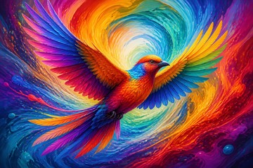 Obraz premium Colorful bird flying against swirling abstract rainbow background