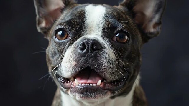 Close-up Portrait of a Cute Boston Terrier Puppy Tilting Head and Looking at Camera on Dark Background