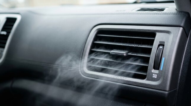 Close up of car dashboard air vent blowing white vapor. Vehicle air conditioning system with visible steam. Climate control in automobile cabin