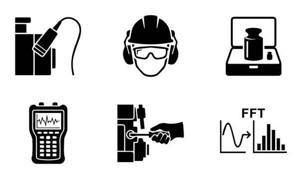 Industrial Measurement Icons: Ultrasound, Safety Gear, Weights, Oscilloscope, Calibration, FFT Analysis