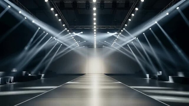 Empty Fashion Show Runway Catwalk with Moving Spotlights and Dynamic Stage Lighting in Dark Hall