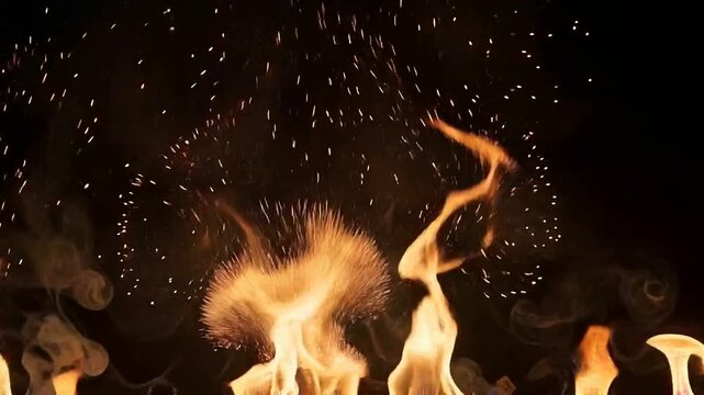 Real Fire Flames Burning with Flying Sparks and Embers Isolated on Black Background