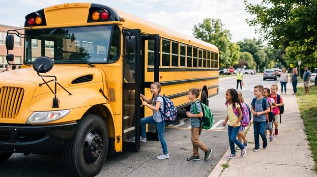 Diverse group of elementary school children happily boarding a yellow school bus for their first day of school