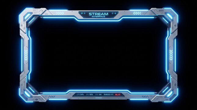 Futuristic gaming stream overlay frame with neon blue light effects and metallic tech design elements for live broadcasting and video content