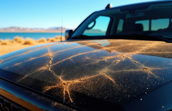 Dark car hood covered with fine sand particles. Abstract patterns form on the wet surface. Desert landscape with blue water and sky in background.