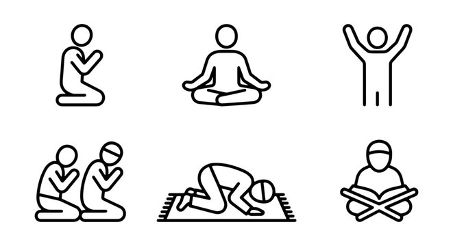 Islamic prayer icons, Muslim worship symbols, Ramadan meditation figures, Eid worship poses, 6 vector elements