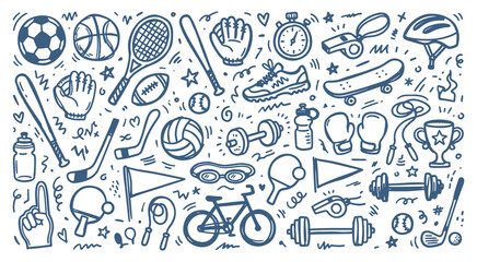 Fototapeta premium Hand drawn doodle icon set of sports equipment and fitness accessories featuring balls rackets and gym tools in a simple minimalist vector style