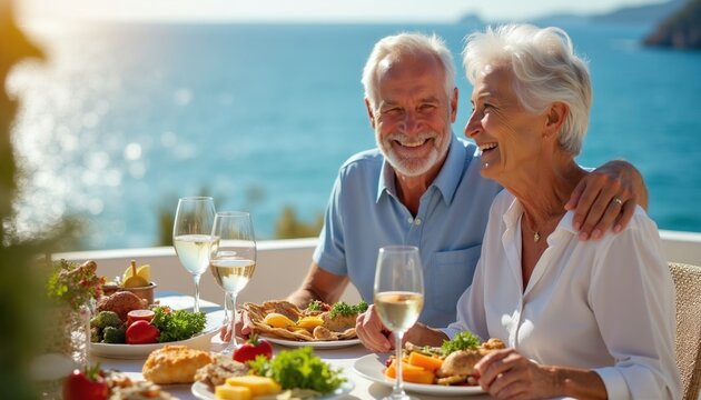 Mature couple enjoys healthy Mediterranean lunch on outdoor terrace overlooking blue sea. Smiling seniors share fresh meal with vegetables, white wine. Happy husband, wife spend summer vacation at