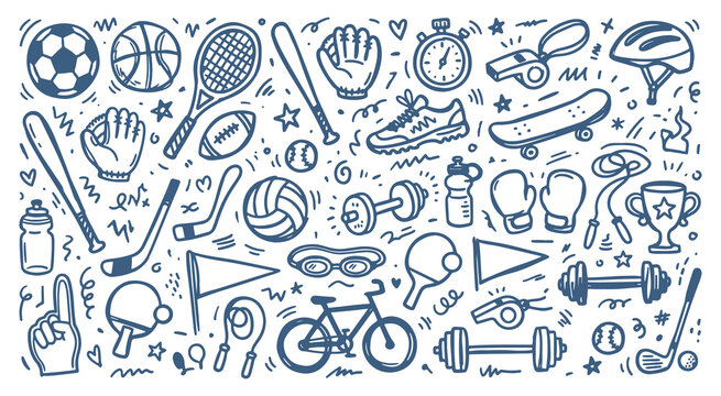 Hand drawn doodle icon set of sports equipment and fitness accessories featuring balls rackets and gym tools in a simple minimalist vector style