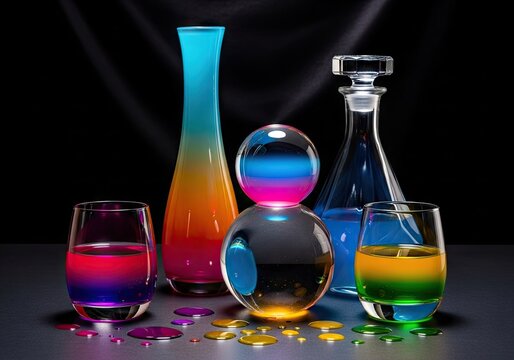 Artistic glassware with colorful liquids and glass sphere.