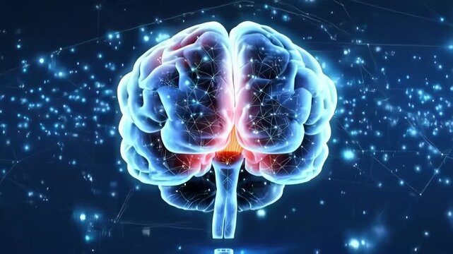A 3D animation of a futuristic digital human brain model, themed around artificial intelligence and neurology, surrounded by shimmering data networks and featuring red synapse activation.