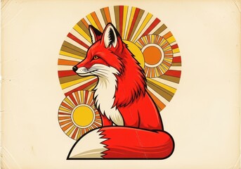 Fototapeta premium A stylized vintage illustration of a red fox featuring seventies style colors and geometric sun patterns on a distressed paper background, texture, fox, tail