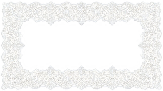 white scalloped lace frame rectangular floral ornament pattern for bridal wedding invitation and classic photo border isolated on transparent background