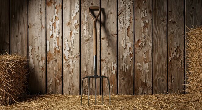 A sturdy iron pitchfork leans against a weathered wooden wall in a rustic barn setting, surrounded by scattered golden hay and dry straw, sharp, soil, outdoor