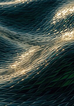 Close-up view of shimmering liquid surfaces where sunlight creates rhythmic patterns resembling metallic scales on a dark teal ocean wave, texture, tide, reflection
