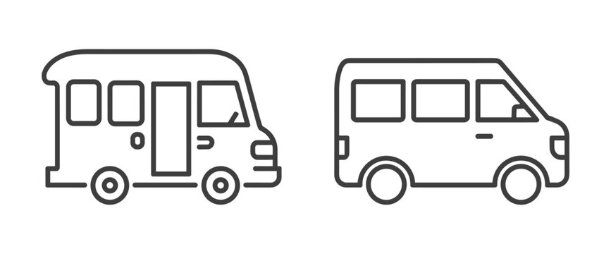 Mini Bus Icon Set. Two minimalist line art icons depicting a mini bus and a van, showcasing simple, clean design elements for transportation themes.