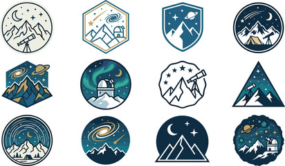 Astronomy mountain badges collection vector space observatory telescope aurora borealis starry night sky emblem logo design elements © Kulsum