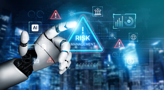 Futuristic risk management featuring AI agents analyzing data, detecting anomalies, and predict financial threats. Represents dynamic risk assessment, compliance, and cyber resilience. Corpus