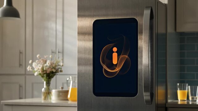 Smart refrigerator screen showing a pending service notification with emphasis on the touchscreen interface kitchen background gently out of focus.