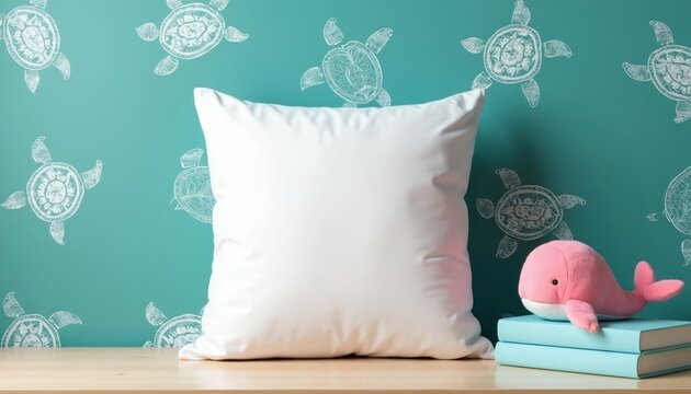 Blank white square pillow mockup sits on wooden table surface. Cute pink whale toy rests near books against blue sea turtle wallpaper background. Nursery interior design concept features soft textile