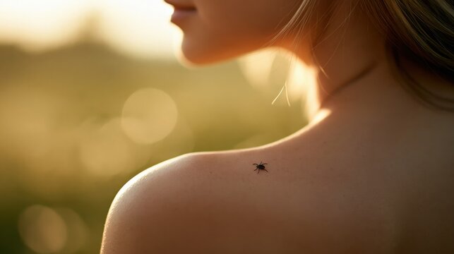 Tiny tick crawling on bare shoulder of young Caucasian woman outdoors symbolizing Lyme disease risk and tick bite danger