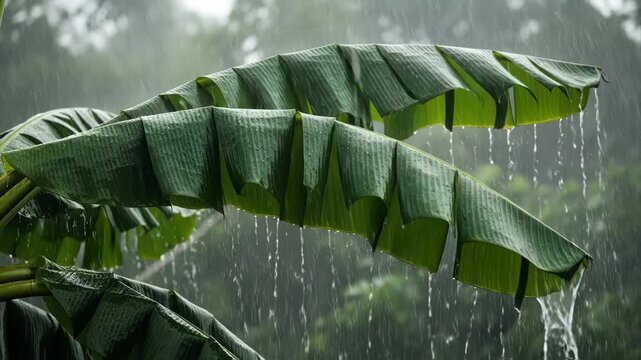 Heavy Rain Falling on Tropical Banana Leaves