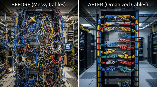 Organized vs Disorganized Server Cables, Messy vs Managed Network Cabling