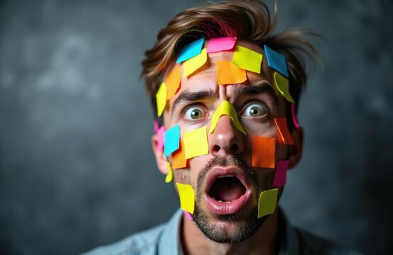 Man with shocked expression has colorful sticky notes all over his face. He looks surprised and overwhelmed by reminders, messages or tasks on his head.