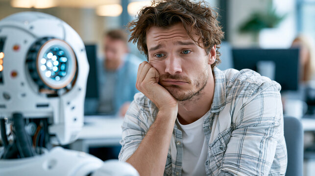 Employee feeling uncertain watching advanced AI robot in office, contemplating job security and automation future