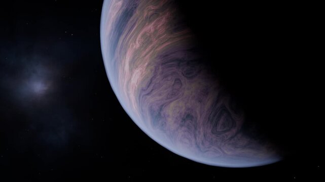 Close up of a Gas Giant Exoplanet with a dynamic swirling stormy atmosphere, slowly spinning planet