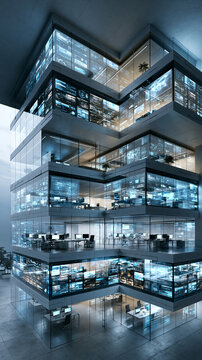 Advanced artificial intelligence managing a futuristic smart office building displaying data and technology networks