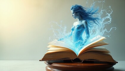 Obraz premium Translucent blue female figure emerges from open vintage book placed on wooden pedestal. Swirling light patterns surround mystical spirit manifestation. Creative surreal art shows imagination, wisdom