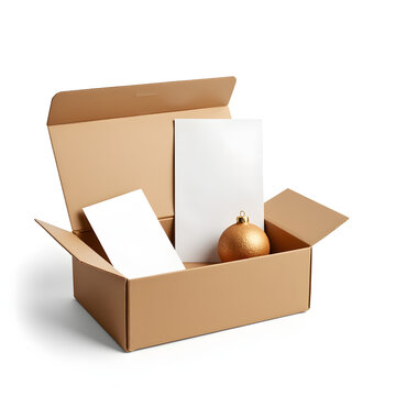 Open Shipping Box Packaging Mockup with Christmas Ornament