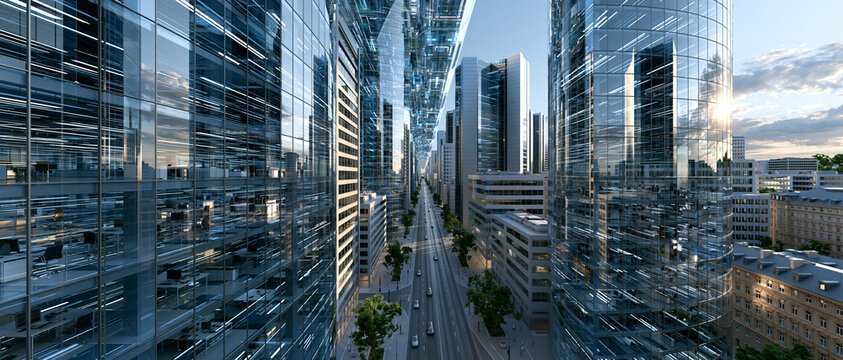 Business district with empty office buildings representing economic decline and unemployment issues
