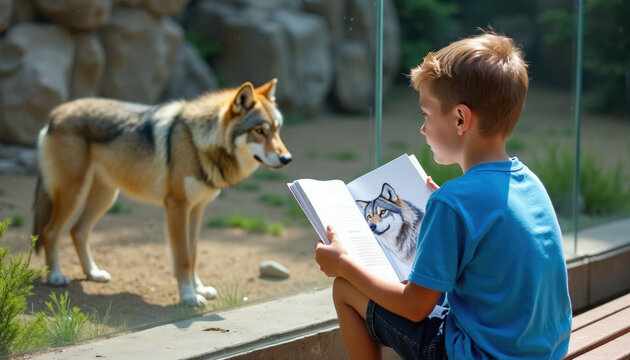 Young boy reads book with wolf picture beside zoo enclosure glass. Child sits near habitat barrier observing wild animal predator. Curious kid learns about nature in city park looking at real mammal