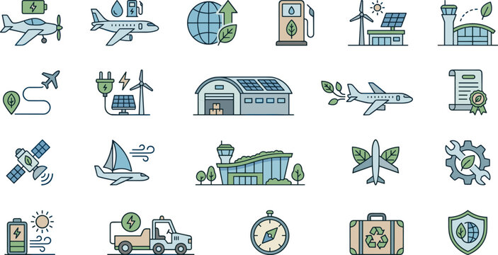 Green aviation and sustainable transport vector icon set featuring electric airplanes solar energy airport hangars and eco friendly travel elements