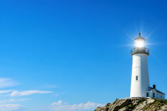 White lighthouse shining on rocky coast under clear blue sky