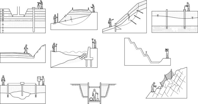 Architectural scale figures of geotechnical engineering and soil mechanics cross sections vector line art collection