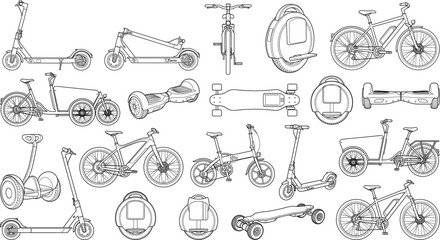 Architectural scale figures of personal electric vehicles and micromobility transport vector line art collection © razia
