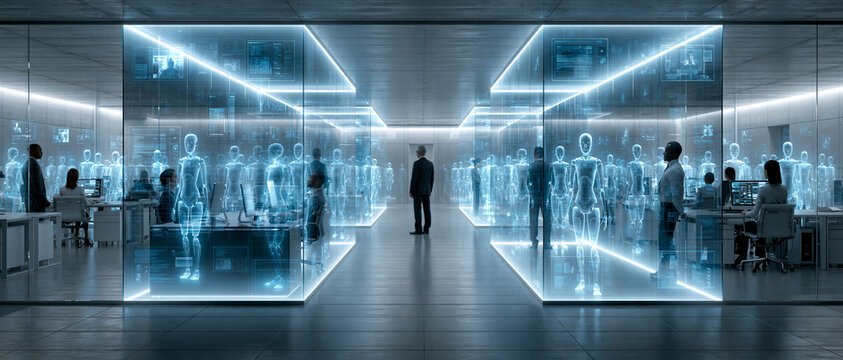 Employee supervises thousands of digital human clones in a high-tech office using artificial intelligence
