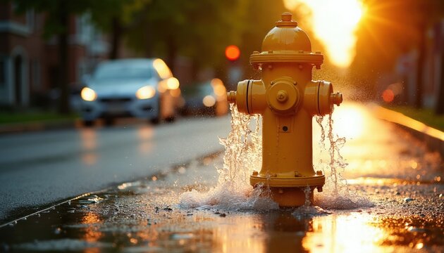 Yellow fire hydrant gushes water on city street at sunset. Leaking metal pipe sprays liquid over wet pavement near road. Blurred traffic moves in background during golden hour light. Industrial