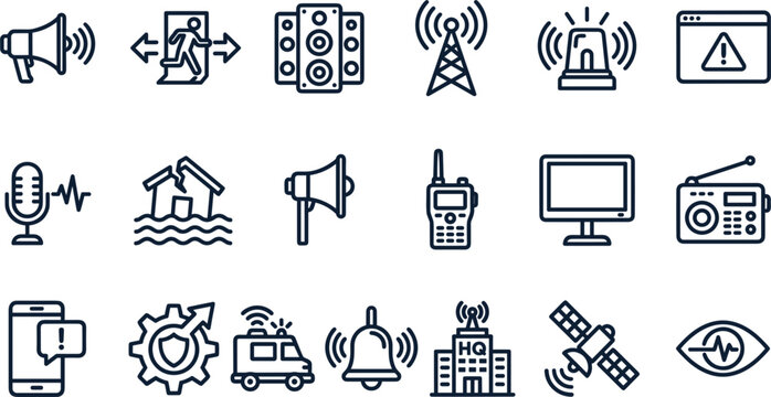 Emergency alert and public warning system line icon set featuring broadcasting siren evacuation disaster notification and radio broadcasting symbols
