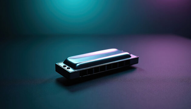 Shiny silver harmonica rests on dark surface under vibrant blue, purple neon lights. Classic metal musical instrument features smooth edges. Small portable mouth organ tool creates rhythmic sound