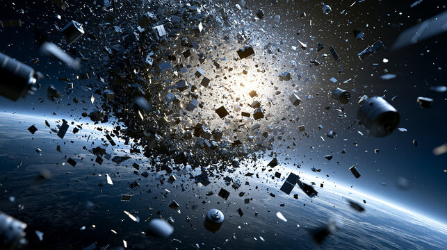 Orbital debris cloud surrounding Earth after satellite collision creating space junk and environmental hazard