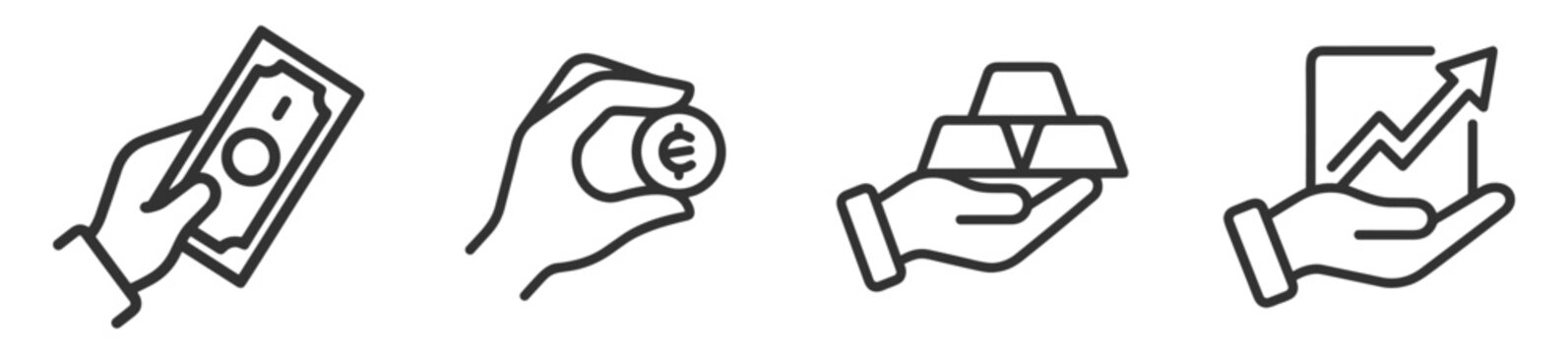financial line icons set with hand holding banknote, coin, gold bars, and growth chart for investment and money concepts on transparent background