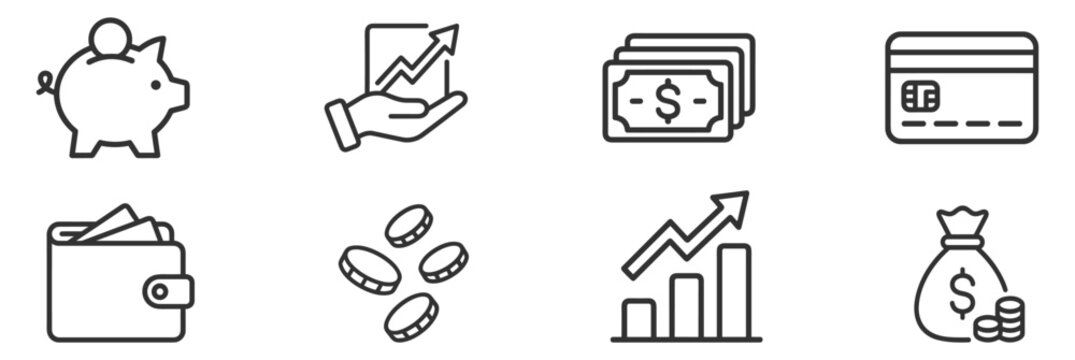 financial icons set with piggy bank, growth chart, paper money, credit card, wallet, coins, bar graph, and money bag line art on transparent background